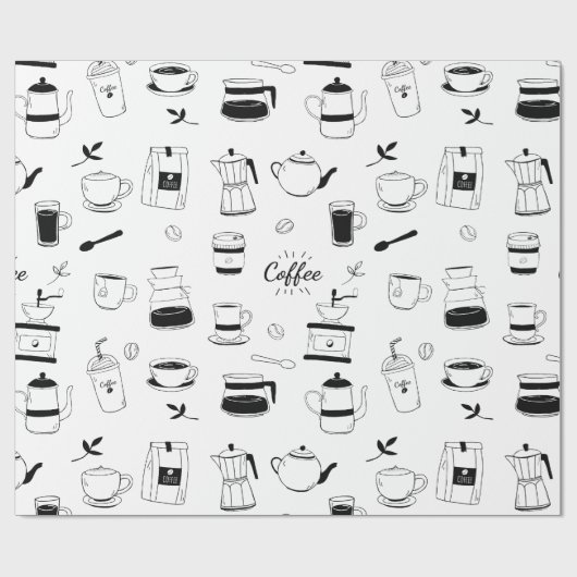 Handgezeichneter Black Coffee and Café Pattern Geschenkpapier (Flach)