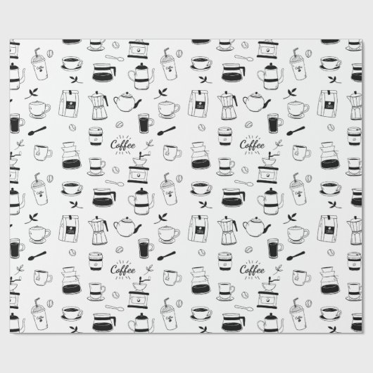 Handgezeichneter Black Coffee and Café Pattern Geschenkpapier (Flach)