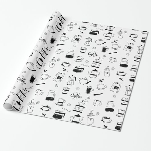 Handgezeichneter Black Coffee and Café Pattern Geschenkpapier (Ungerollt)