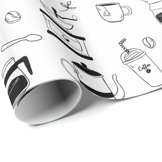 Handgezeichneter Black Coffee and Café Pattern Geschenkpapier (Rolleneckpunkt)