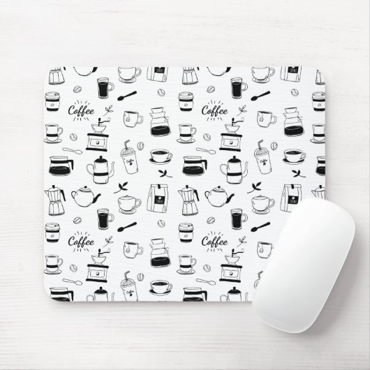 Handgezeichneter Black Coffee and Café Pattern Mousepad (Mit Mouse)
