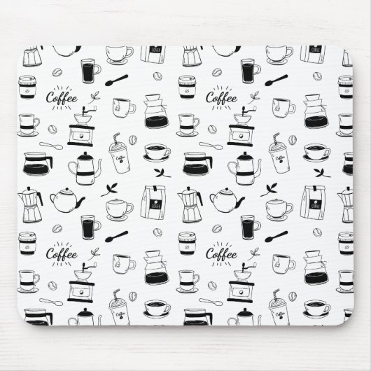Handgezeichneter Black Coffee and Café Pattern Mousepad (Vorne)