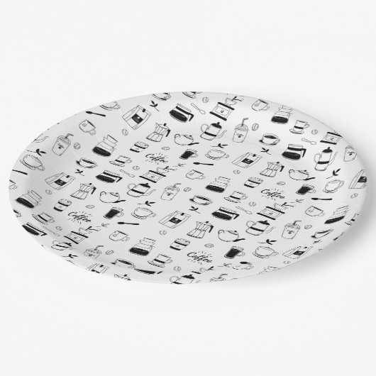 Handgezeichneter Black Coffee and Café Pattern Pappteller (Schrägansicht)
