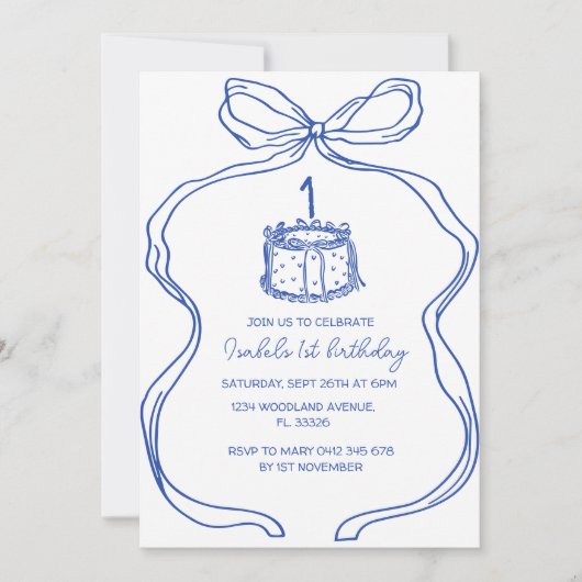 handgezeichneter blauer Bow 1. Geburtstag, Vintage Einladung (Vorderseite)