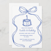 handgezeichneter blauer Bow 1. Geburtstag, Vintage Einladung (Vorne/Hinten)
