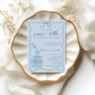 Handgezeichneter blauer Flaschen Champagner Turm B Einladung