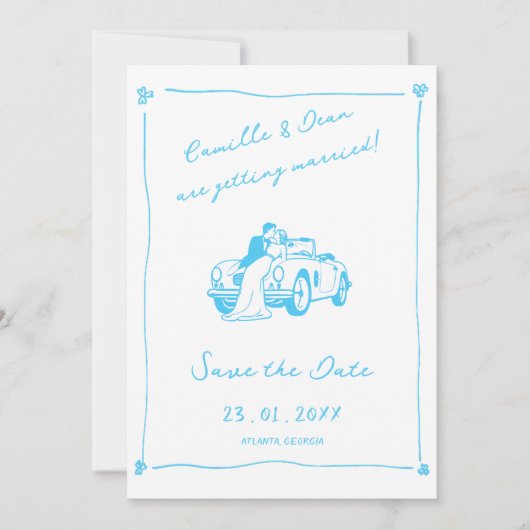 Handgezeichneter blauer QR-Code zum Speichern des  Einladung (Vorderseite)