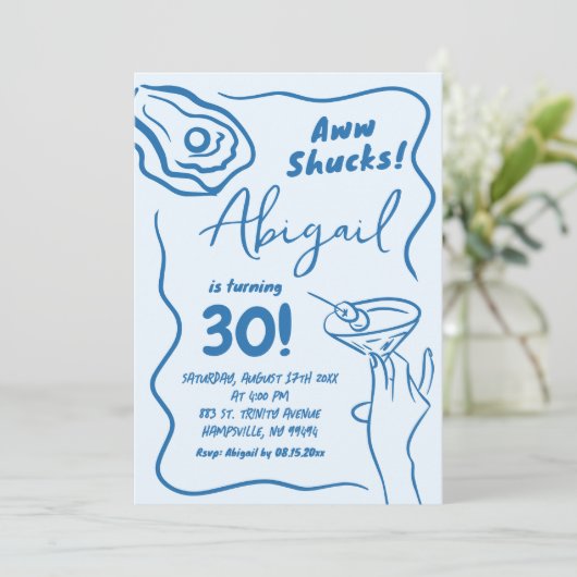 Handgezeichneter Blue Oyster Cocktail Erwachsene G Einladung (Stehend Vorderseite)