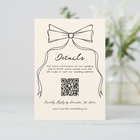 Handgezeichneter Bow Altes Geld Hochzeitsdetails Q Begleitkarte (Stehend Vorderseite)