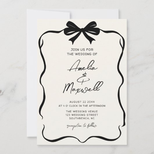 Handgezeichneter Bow Coquette Stilvoll Trendy Wedd Einladung (Vorderseite)