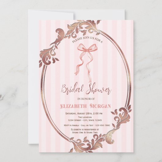 Handgezeichneter Bow, Rahmen, rosa Streifen Brautp Einladung (Vorderseite)