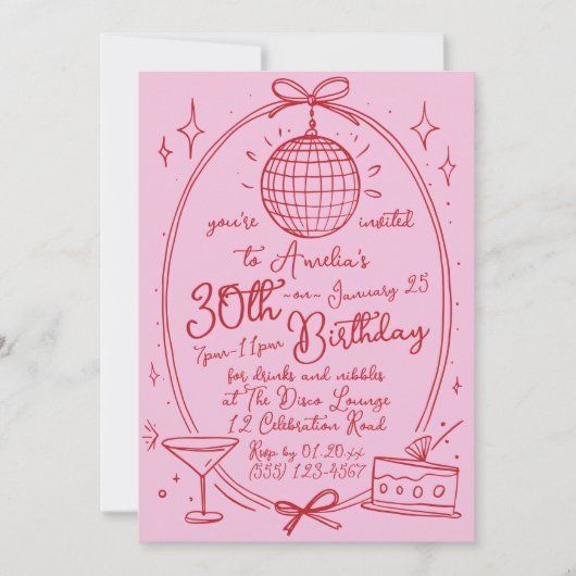 Handgezeichneter Buchsencocktail im 30. Lebensjahr Einladung (Vorderseite)
