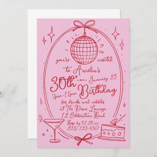 Handgezeichneter Buchsencocktail im 30. Lebensjahr Einladung (Vorne/Hinten)