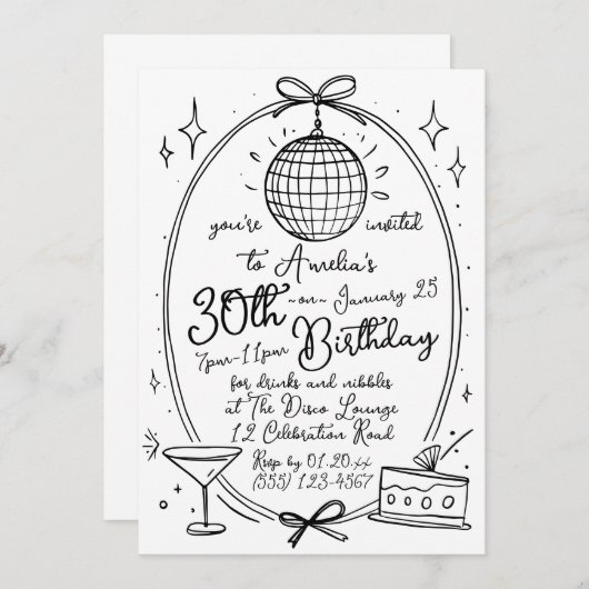 Handgezeichneter Buchsencocktail im 30. Lebensjahr Einladung (Vorne/Hinten)