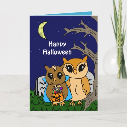Handgezeichneter Cartoon Owls Halloween-Grüße Feiertagskarte (Vorderseite)