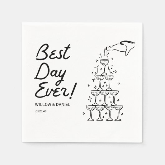 Handgezeichneter Champagner Tower Beste Hochzeit j Serviette (Vorderseite)