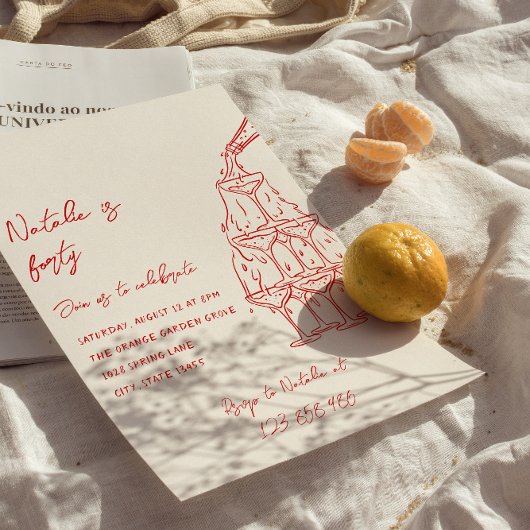 Handgezeichneter Champagnerturm 40. Geburtstag Einladung