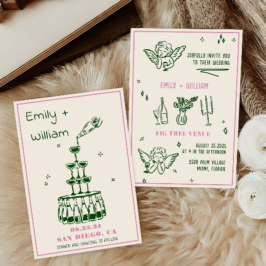 Handgezeichneter Champagnerturm Einladung zur Hoch