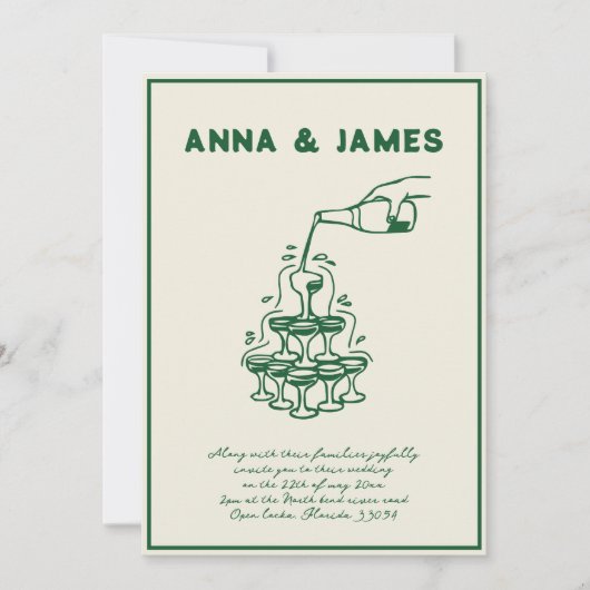 Handgezeichneter Champagnerturm Retro Grüne Hochze Einladung (Vorderseite)