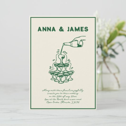 Handgezeichneter Champagnerturm Retro Grüne Hochze Einladung (Stehend Vorderseite)