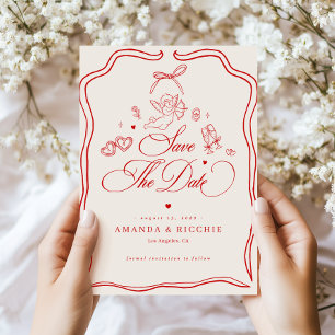 Handgezeichneter Cherub Vintage Cupid Rot Retro Ho Save The Date