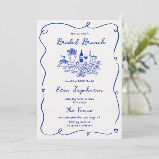 Handgezeichneter Cobalt Blue Bridal Brunch Einladung (Stehend Vorderseite)