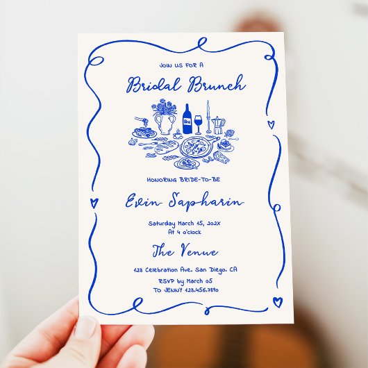 Handgezeichneter Cobalt Blue Bridal Brunch Einladung