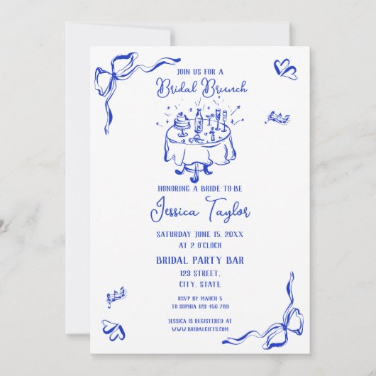 Handgezeichneter Cobalt Blue Bridal Brunch Französ Einladung (Vorderseite)