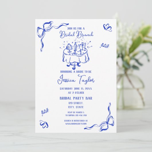 Handgezeichneter Cobalt Blue Bridal Brunch Französ Einladung (Stehend Vorderseite)