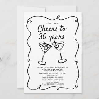 Handgezeichneter Cocktail 30. 40. 50. Geburtstag Einladung