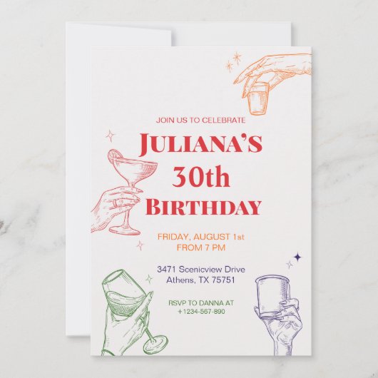 Handgezeichneter Cocktail 30. Geburtstag Einladung (Vorderseite)