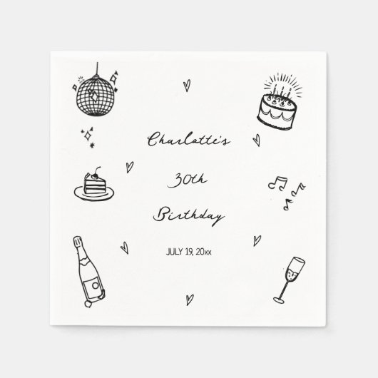 handgezeichneter Disco Ball 30. Geburtstag Party F Serviette (Vorderseite)