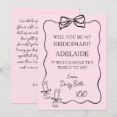 Handgezeichneter Doodle Bridesmaid Vorschlag Rosa Einladung (Vorne/Hinten)