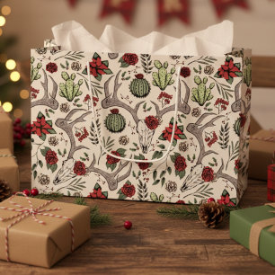 Handgezeichneter dunkler floraler Rentier-Schädel Große Geschenktüte