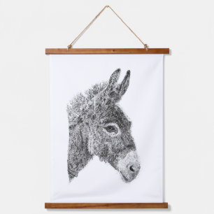 Handgezeichneter Esel Pointillismus Schwarz-Weiß-T Wandteppich Mit Holzrahmen