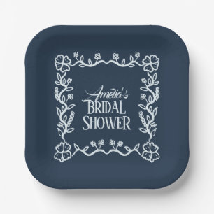 Handgezeichneter floraler Rahmen Blaue Hochzeitsdu Pappteller