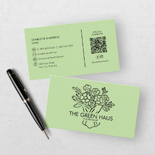 Handgezeichneter Florist Grün Botanischer QR-Code Visitenkarte