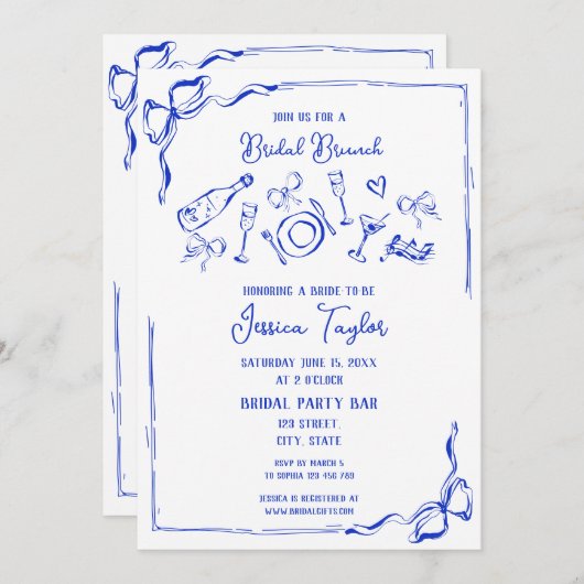 Handgezeichneter französischer Blue Bridal Brunch  Einladung (Vorne/Hinten)