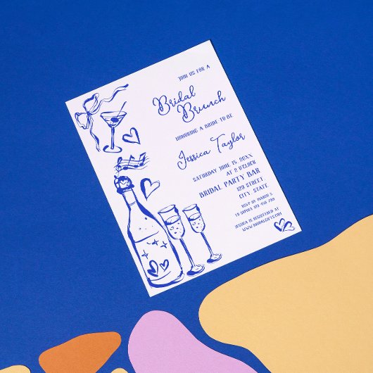 Handgezeichneter französischer Blue Bridal Brunch  Einladung