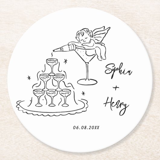 Handgezeichneter Funky Whimsical Wedding Runder Pappuntersetzer (Vorderseite)