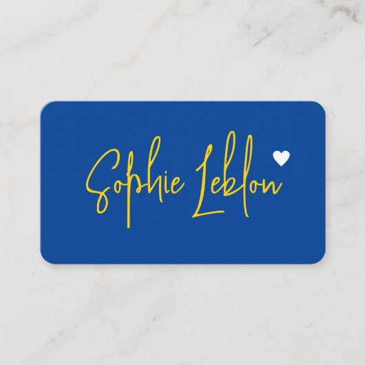 Handgezeichneter gelber Name auf blau mit Herz Visitenkarte (Vorderseite)