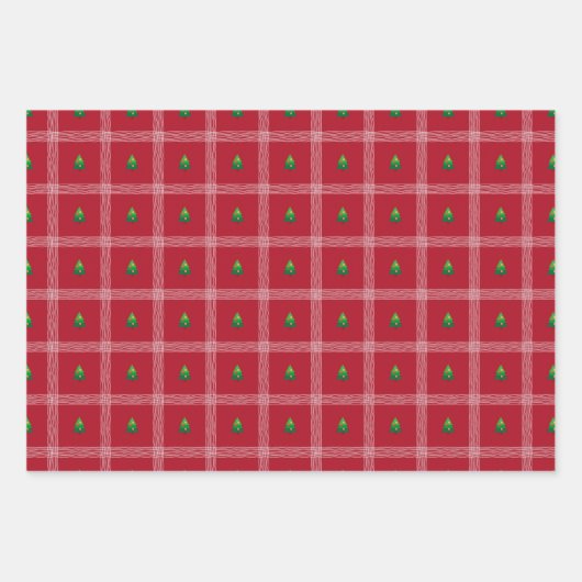 Handgezeichneter Gingham mit Weihnachtsbaum Geschenkpapier Set (Vorderseite)