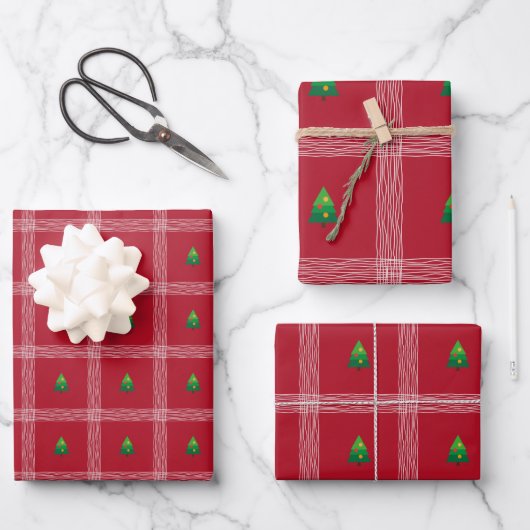 Handgezeichneter Gingham mit Weihnachtsbaum Geschenkpapier Set (Vorderseite)