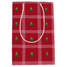 Handgezeichneter Gingham mit Weihnachtsbaum Mittlere Geschenktüte