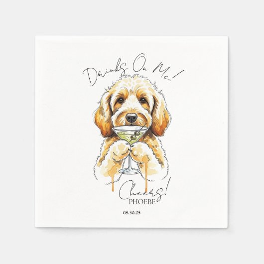 Handgezeichneter Golden Doodle Martini Offener Bar Serviette (Vorderseite)