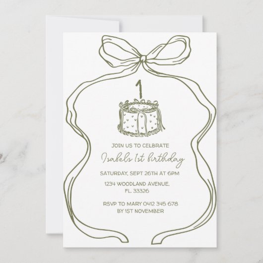 Handgezeichneter grüner Bow 1. Geburtstag, Vintage Einladung (Vorderseite)
