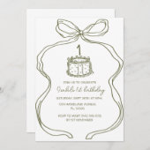 Handgezeichneter grüner Bow 1. Geburtstag, Vintage Einladung (Vorne/Hinten)