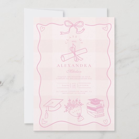 Handgezeichneter Illustriert rosa Karierter Abschl Einladung (Vorderseite)