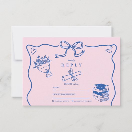 Handgezeichneter Illustrierter Rosa- und Blauer Ab RSVP Karte (Vorderseite)