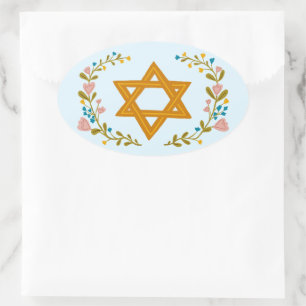 Handgezeichneter jüdischer Davidstern mit Blumenmu Ovaler Aufkleber